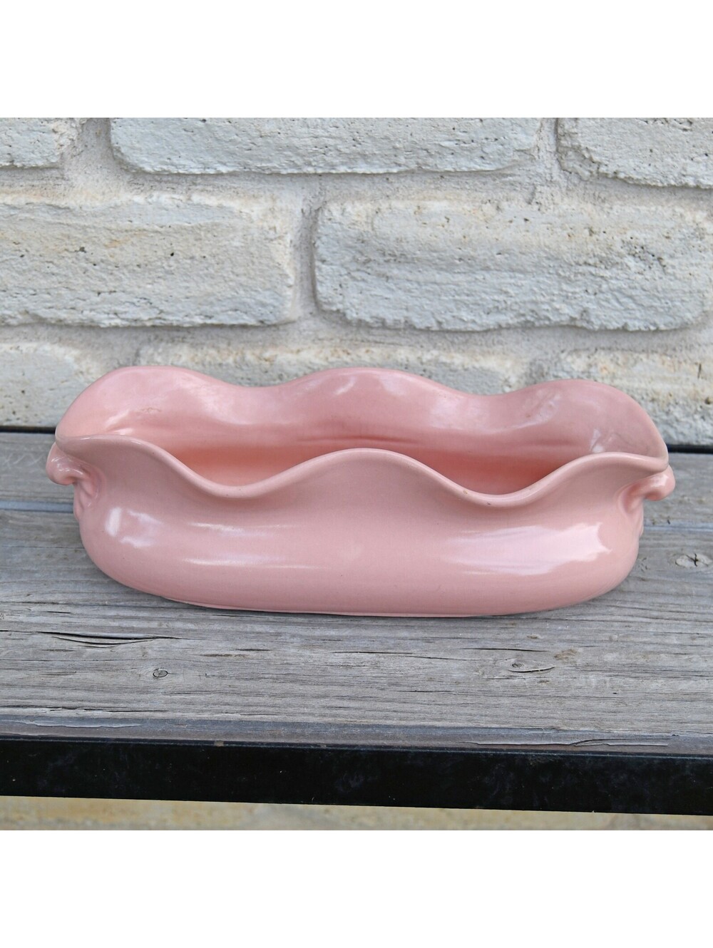 VTG Abingdon Long Planter Console Bowl #570 MCM 1950s Rose Salmon Pink 10"